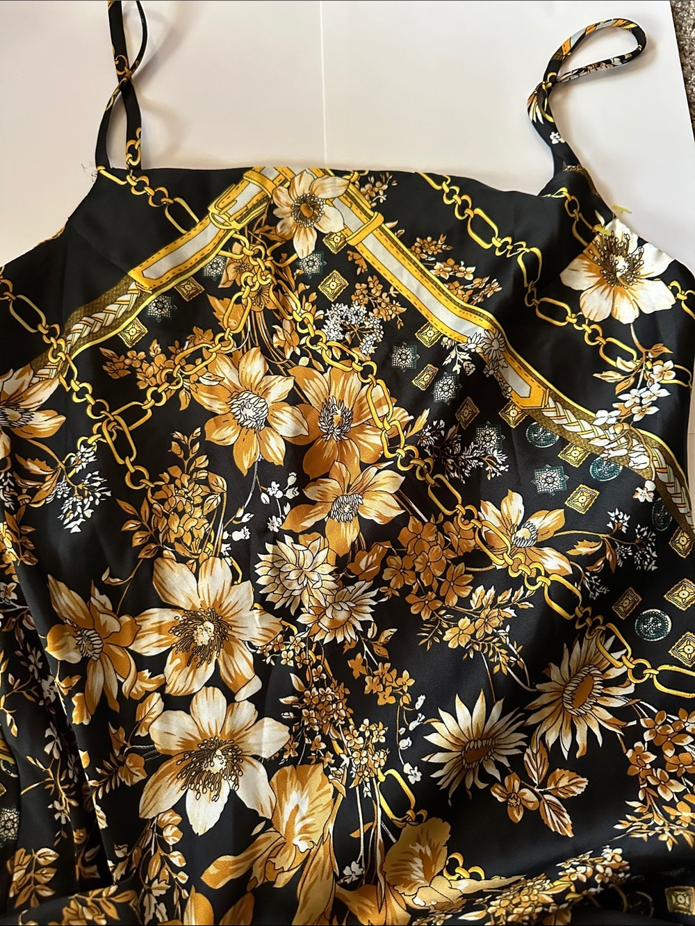 Princess Polly Black Satin Cami with Gold Floral & Chain Print